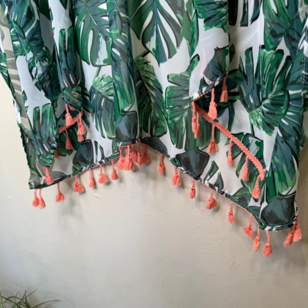 Monstera Palm Print Tropical Botanical Pattern Tassel Sheer Open Front Kimono
